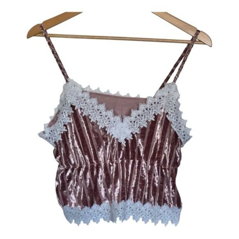 Velvet Lace Camisole Top Womens Size L Pink w/ White Floral Trim